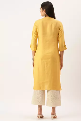 women's calf length mandarin collar mustard solid straight kurta