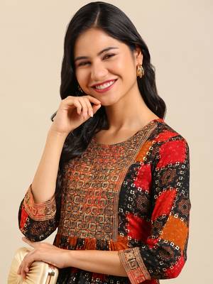 women's calf length round neck multi ethnic motifs anarkali kurta 1
