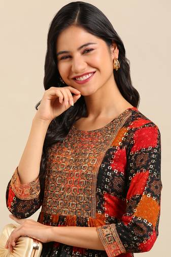 women's calf length round neck multi ethnic motifs anarkali kurta