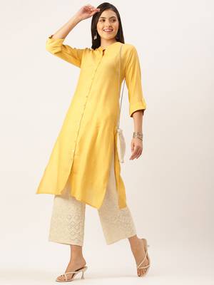 women's calf length mandarin collar mustard solid straight kurta 5