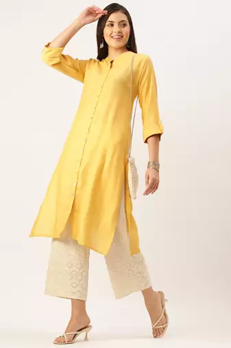 women's calf length mandarin collar mustard solid straight kurta