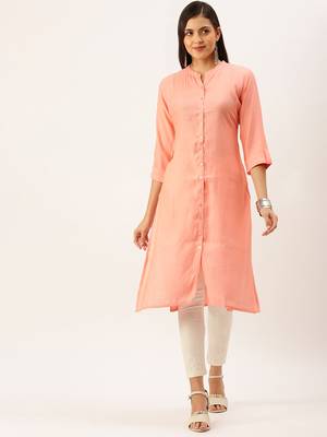 women's calf length mandarin collar peach solid straight kurta 2