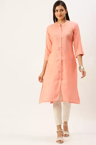 women's calf length mandarin collar peach solid straight kurta