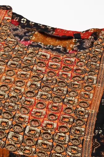 women's calf length round neck multi ethnic motifs anarkali kurta