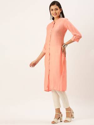 women's calf length mandarin collar peach solid straight kurta 3