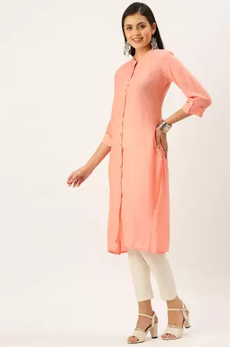 women's calf length mandarin collar peach solid straight kurta