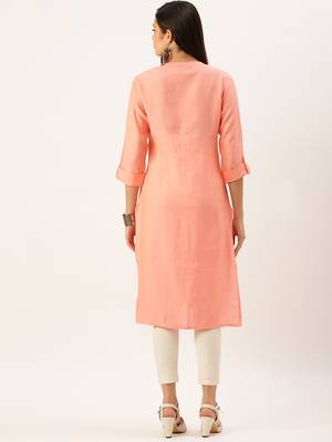 women's calf length mandarin collar peach solid straight kurta 4