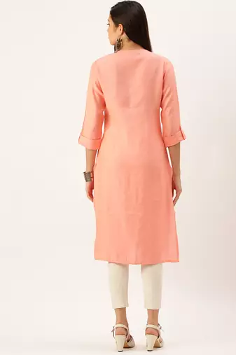 women's calf length mandarin collar peach solid straight kurta
