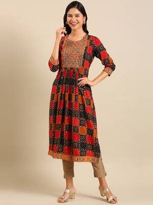 women's calf length round neck multi ethnic motifs anarkali kurta 4