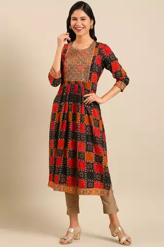 women's calf length round neck multi ethnic motifs anarkali kurta