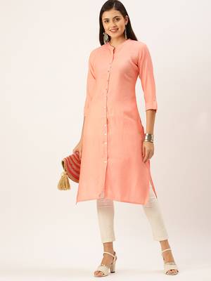 women's calf length mandarin collar peach solid straight kurta 5