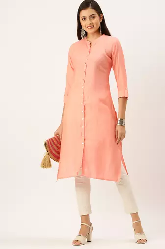 women's calf length mandarin collar peach solid straight kurta
