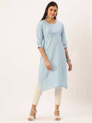 women's calf length round neck blue solid straight kurta 2