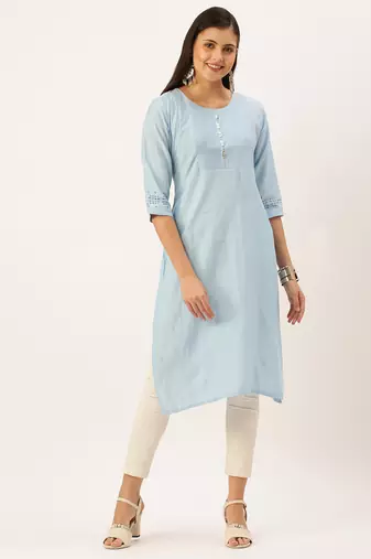 women's calf length round neck blue solid straight kurta