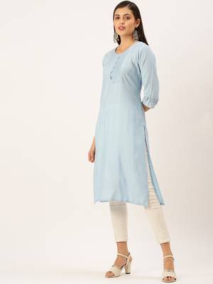 women's calf length round neck blue solid straight kurta 3