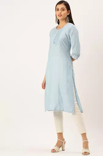 women's calf length round neck blue solid straight kurta