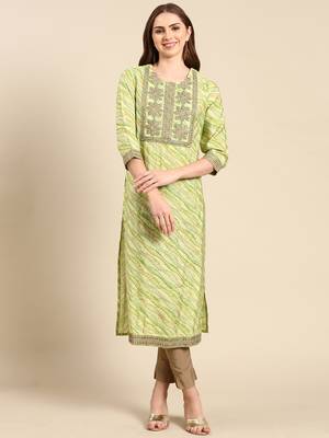 women's calf length round neck green tribal straight kurta 2