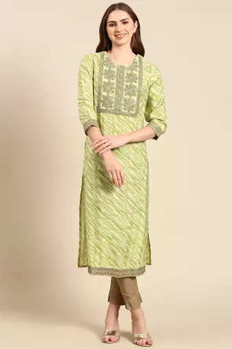 women's calf length round neck green tribal straight kurta