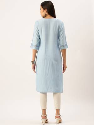 women's calf length round neck blue solid straight kurta 4