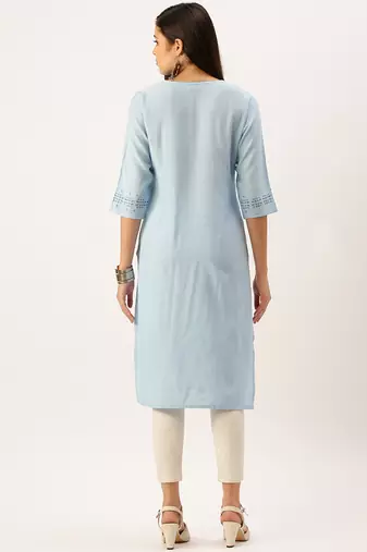 women's calf length round neck blue solid straight kurta