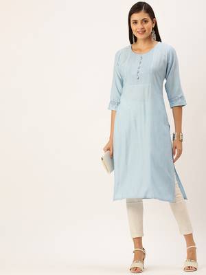 women's calf length round neck blue solid straight kurta 5