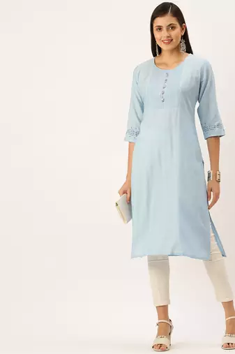 women's calf length round neck blue solid straight kurta