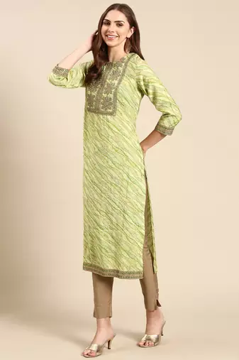 women's calf length round neck green tribal straight kurta