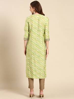 women's calf length round neck green tribal straight kurta 4