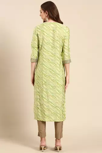 women's calf length round neck green tribal straight kurta