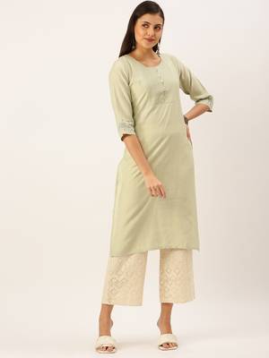 women's calf length round neck green solid straight kurta 2