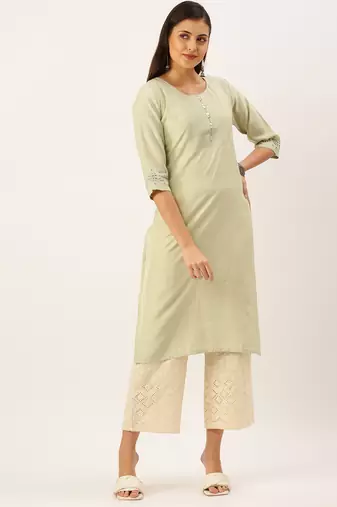 women's calf length round neck green solid straight kurta