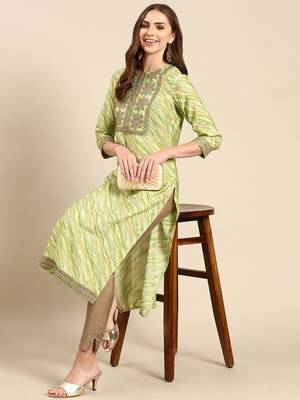 women's calf length round neck green tribal straight kurta 5
