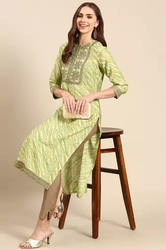 women's calf length round neck green tribal straight kurta