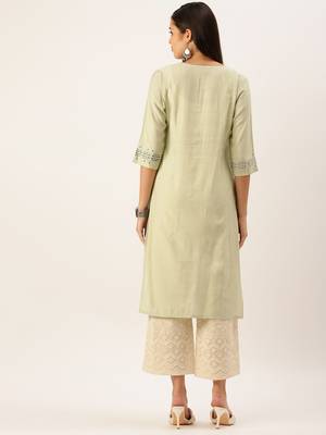 women's calf length round neck green solid straight kurta 3