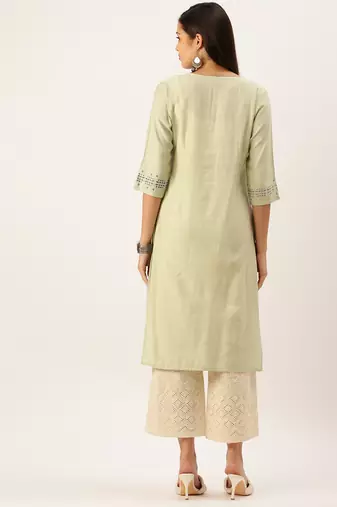 women's calf length round neck green solid straight kurta