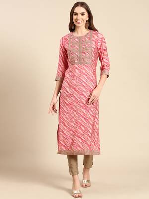 women's calf length round neck pink tribal straight kurta 2