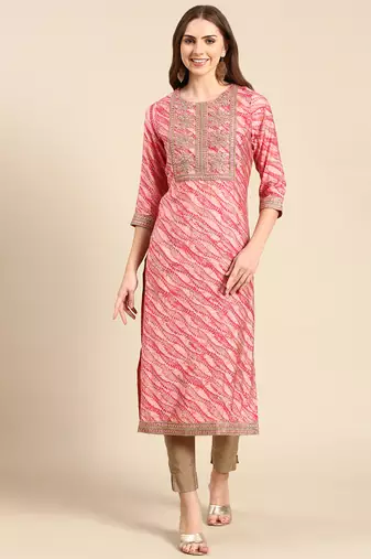 women's calf length round neck pink tribal straight kurta