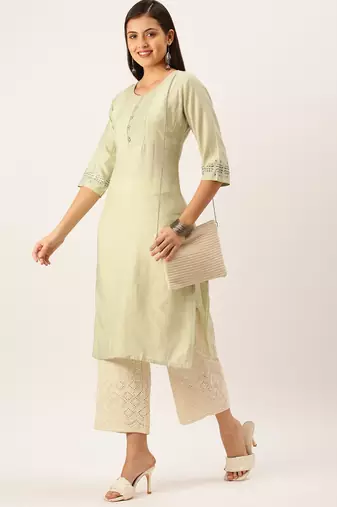 women's calf length round neck green solid straight kurta