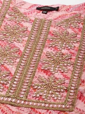 women's calf length round neck pink tribal straight kurta 3