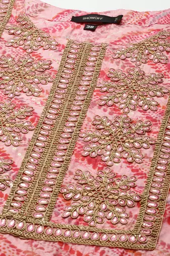women's calf length round neck pink tribal straight kurta