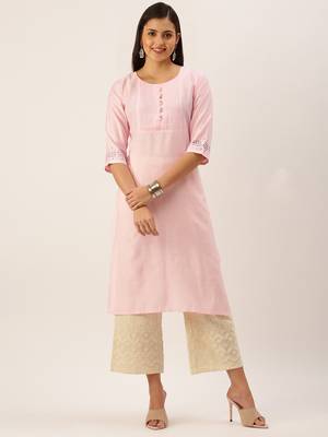 women's calf length round neck pink solid straight kurta 2