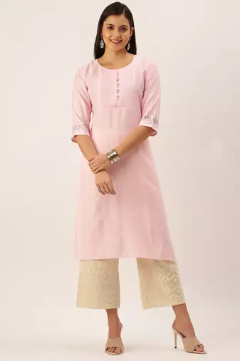 women's calf length round neck pink solid straight kurta