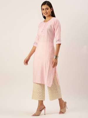 women's calf length round neck pink solid straight kurta 3