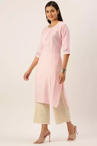 women's calf length round neck pink solid straight kurta