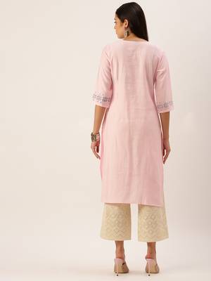 women's calf length round neck pink solid straight kurta 4