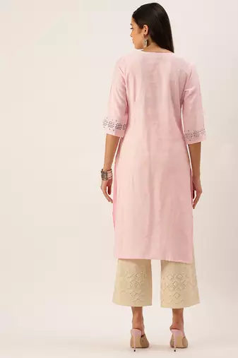 women's calf length round neck pink solid straight kurta