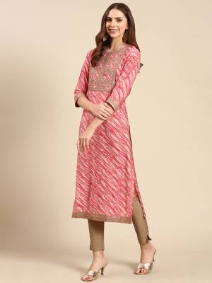 women's calf length round neck pink tribal straight kurta 5