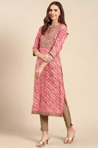 women's calf length round neck pink tribal straight kurta