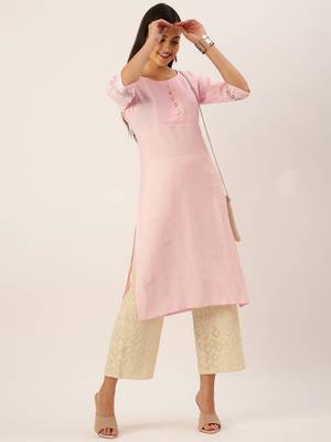 women's calf length round neck pink solid straight kurta 5