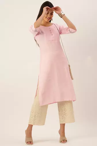 women's calf length round neck pink solid straight kurta